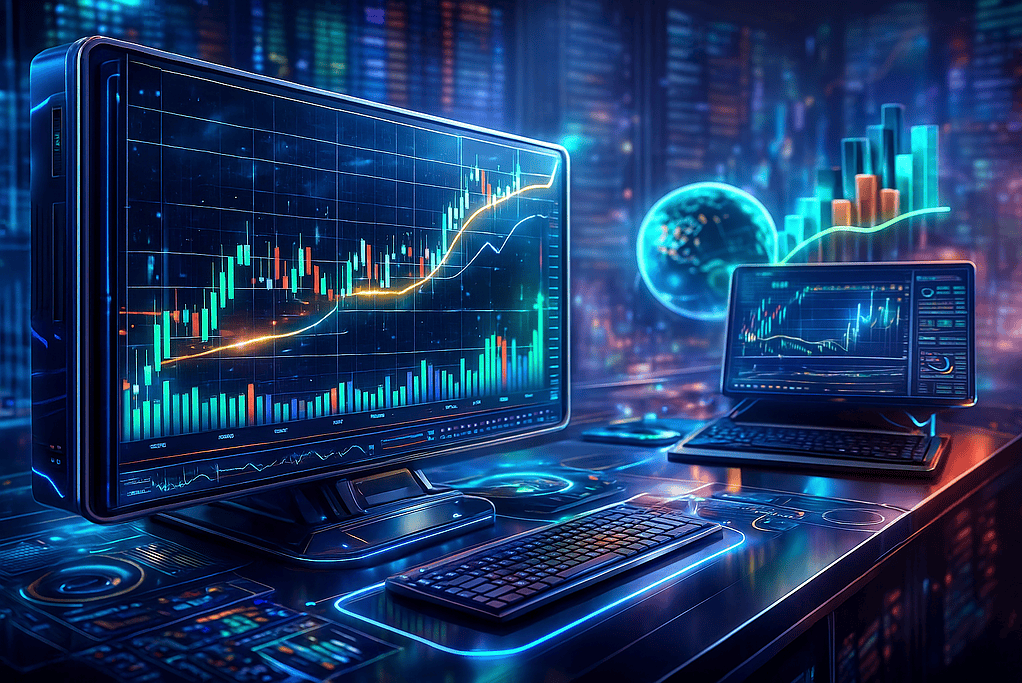 Graphes financiers, écran d’ordinateur affichant des analyses de marché, environnement high-tech pour traders.