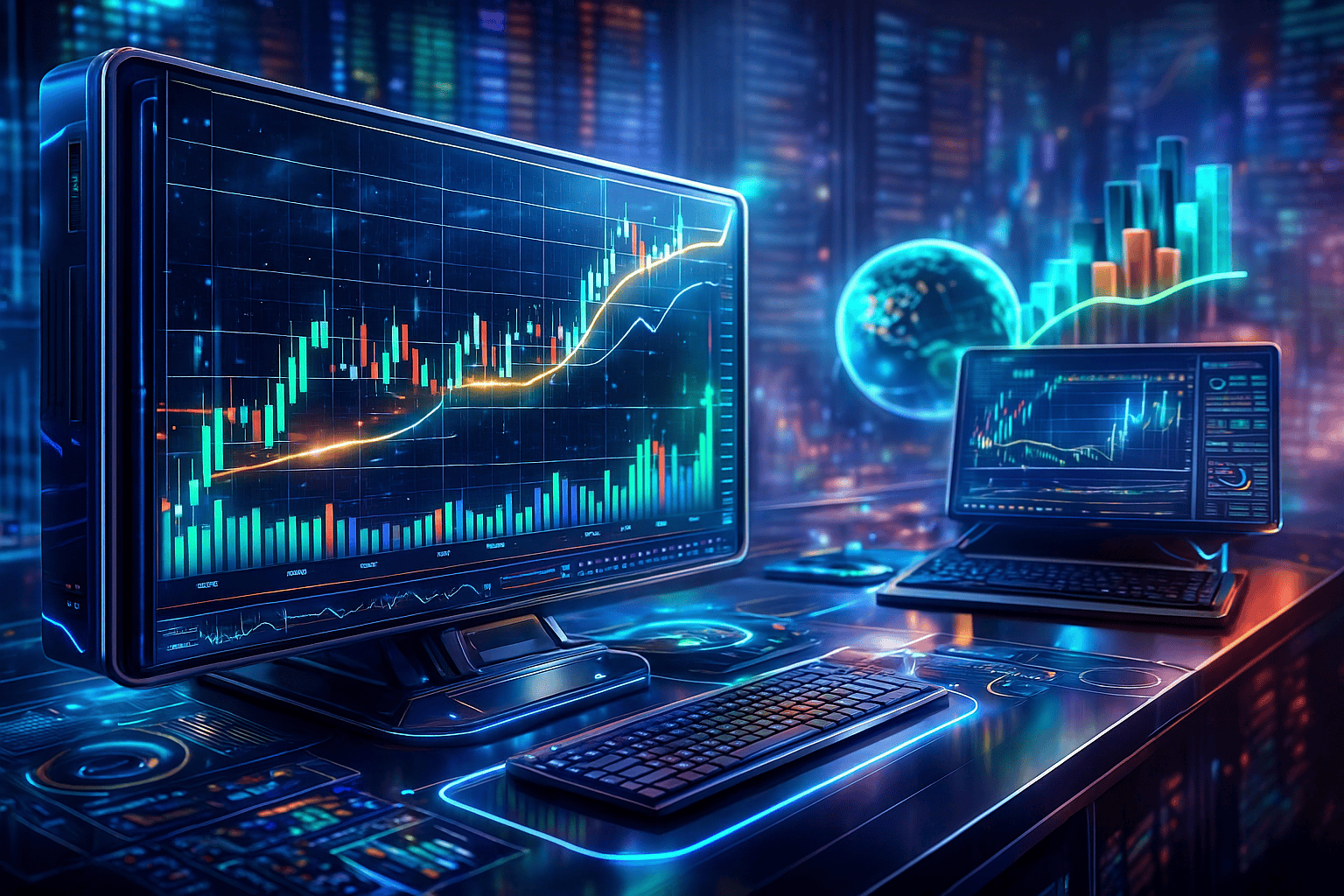 Robot de trading MT5 pour passer le challenge FTMO : Stratégie complète et méthode validée 1 Graphes financiers, écran d’ordinateur affichant des analyses de marché, environnement high-tech pour traders.