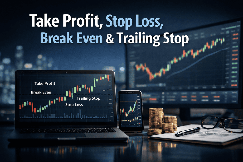 Take Profit, Stop‑Loss, Break‑Even et Trailing Stop : Tout savoir pour maîtriser vos sorties 4 Image qui représente les paramètres Take profit, Stop Loss, Break even et Trailing stop